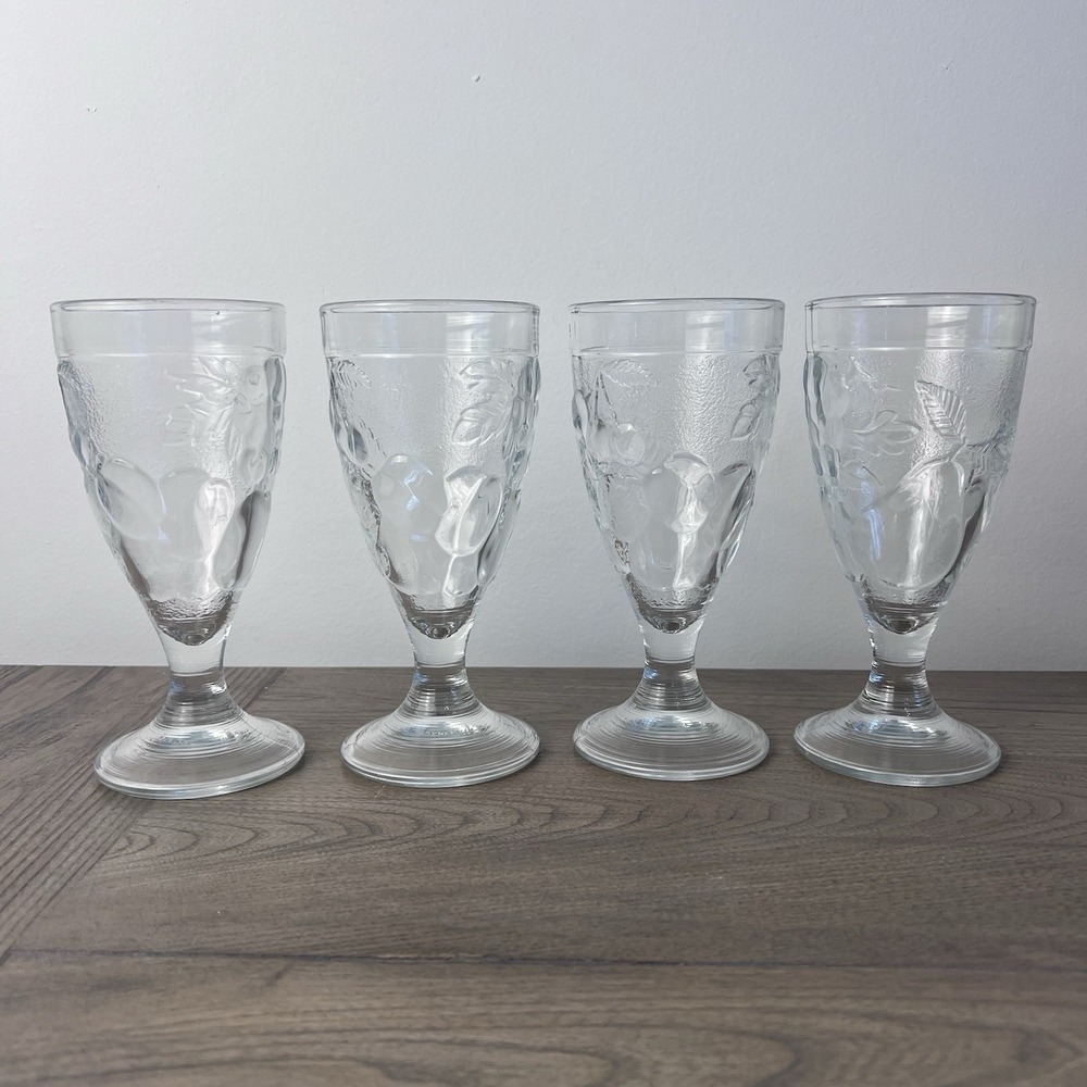 Set of 4 Vintage Arcoroc France Clear Molded Embossed Fruit Design Goblets